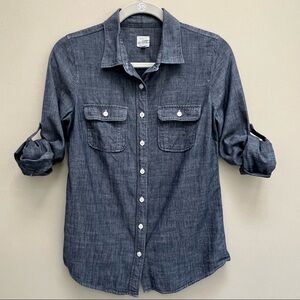 J. Crew Factory Chambray 3/4 Roll Tab Sleeve Button Down Top Size XS